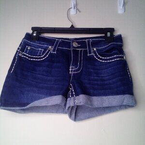 Knox Rose Shorts Women 2 Midi Short Button Pocket Large Stitching Roll Hem Blue